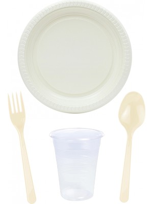 Supertrend Ekonomik Sofra Seti Krem Çatal Kaşık Plastik Bardak 250 Parça