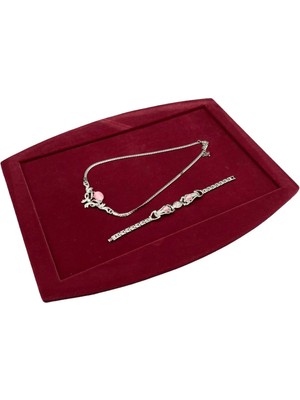 Megass Dekor Süet Kumaş Bordo Renk 34,5/27 cm Kolye Ucu Küpe Yüzük Takı Servis Sunum Tablası