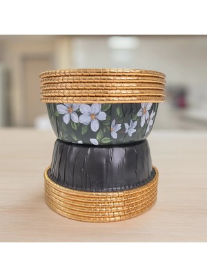 Supertrend Premium Çiçek Desenli Siyah Yuvarlak Aşure-Tatlı Kase 12LI