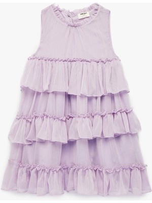 Koton Kolsuz Bisiklet Yaka Fırfırlı Kat Detaylı Pileli Şifon Elbise