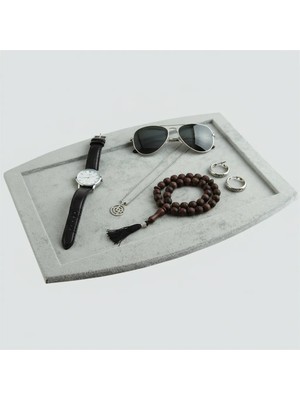 Megass Dekor Süet Kumaş Gri Renk 34,5/27 cm Kolye Ucu Küpe Yüzük Takı Servis Sunum Tablası