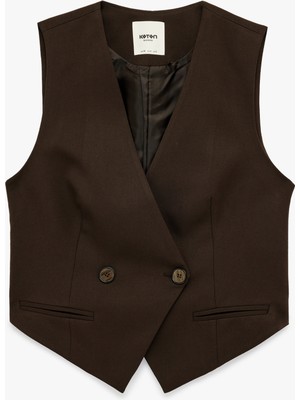 Koton Düğmeli Cep Detaylı Viskon Karışımlı Kolsuz Kruvaze Yaka Yelek