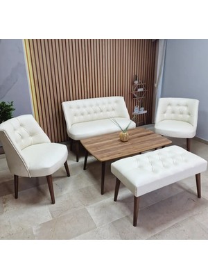 Azra Mobilya Milano Çay Seti Koltuk Takımı - Ofis Takımı - Deri Kumaş - 2+1+1+Bench+Sehpa | Krem