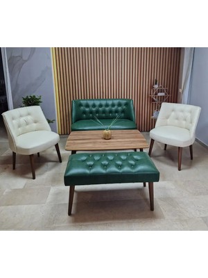 Azra Mobilya Milano Çay Seti Koltuk Takımı - Ofis Takımı - Deri Kumaş - 2+1+1+Bench+Sehpa | Krem Yeşil