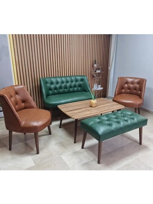 Azra Mobilya Milano Çay Seti Koltuk Takımı - Ofis Takımı - Deri Kumaş - 2+1+1+Bench+Sehpa | Yeşil Taba