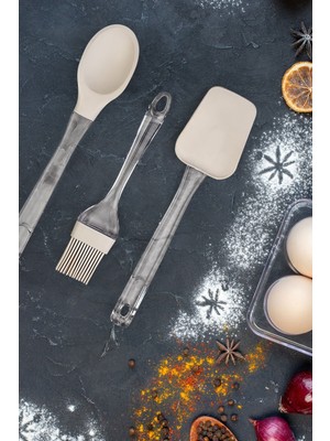 Pazarika 3 Lü Plastik Saplı Silikon Kaşık - Spatula - Fırça Seti Krem