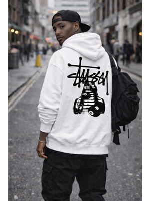 Camblys Unisex Stussy Bilardo Top Baskılı Oversize Kapüşonlu Sweatshirt