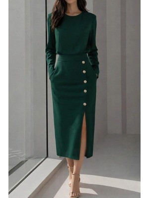 Mareandpanda Kadın Uzun Kollu Bisiklet Yakalı Yandan Yırtmaçlı Düğmeli Midi Ithal Krep Elbise