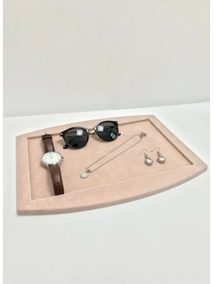 Megass Dekor Süet Kumaş Pembe Renk 34,5/27 cm Kolye Ucu Küpe Yüzük Takı Servis Sunum Tablası