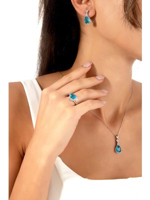 By More 925 Ayar Aquamarin Damla Taşlı Gümüş Takı Seti - 18