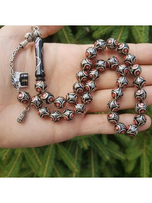 9.5mm Gümüş Işlemeli Oltu Taşı Tesbih