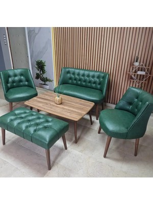 Azra Mobilya Milano Çay Seti Koltuk Takımı - Ofis Takımı - Deri Kumaş - 2+1+1+Bench+Sehpa | Yeşil