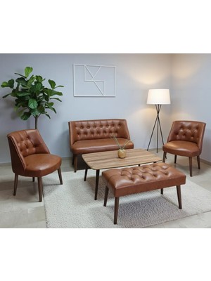 Azra Mobilya Milano Çay Seti Koltuk Takımı - Ofis Takımı - Deri Kumaş - 2+1+1+Bench+Sehpa | Taba