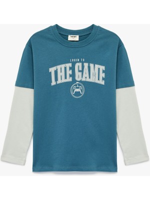 Koton Pamuklu Bisiklet Yaka Baskılı Uzun Kollu Tişört