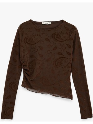 Koton Asimetrik Uzun Kollu Bisiklet Yaka Şal Desenli Tül Tişört