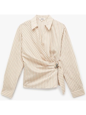 Koton Uzun Kollu Aksesuarlı Yandan Bağlama Detaylı Kruvaze Çizgili Gömlek