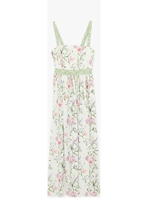 Koton Kuşaklı Arkadan Bağlamalı Askılı Çiçekli Midi Elbise