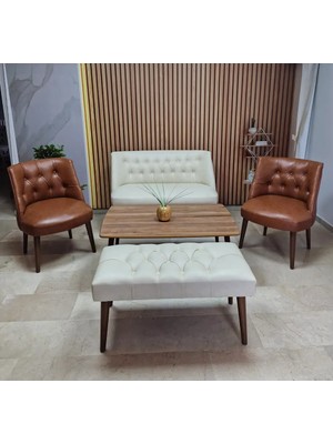 Azra Mobilya Milano Çay Seti Koltuk Takımı - Ofis Takımı - Deri Kumaş - 2+1+1+Bench+Sehpa | Krem Taba