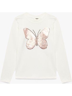 Koton Pullu Payetli Uzun Kollu Bisiklet Yaka Kelebek Baskılı Pamuklu Tişört