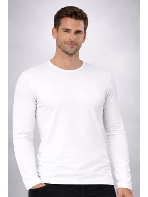 Erkek Bisiklet Yaka Beyaz Body Pamuk Uzun Kollu