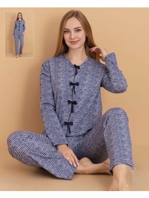 Eta Kadın Çizgili Düğmeli Pijama Takımı – Uzun Kollu Rahat Ev & Uyku Giyimi