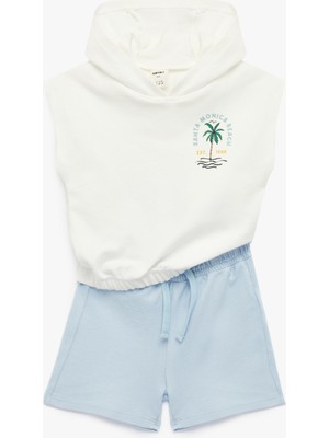 Koton Pamuklu Kolsuz Kapşonlu 2'li Baskılı Üst ve Şort Seti