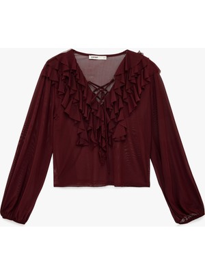 Koton Uzun Kollu V Yaka Fırfırlı Şifon Bluz