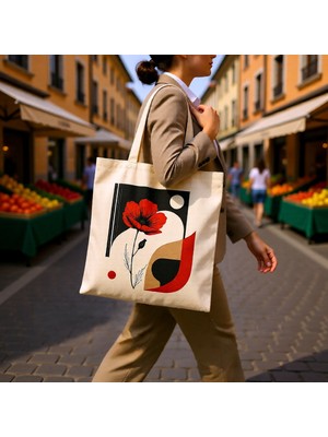 Tişört Kodu Soyut Gelincik Desenli Kanvas Bez Çanta – Doğal Pamuk Tote