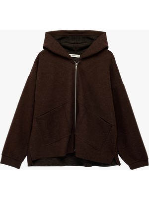 Koton Kaşe Uzun Kollu Kapüşonlu Cep Detaylı Oversize Fermuarlı Sweatshirt