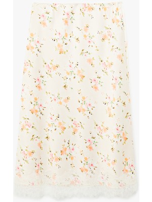 Koton Dantel Detaylı Çiçekli Saten Midi Kloş Etek