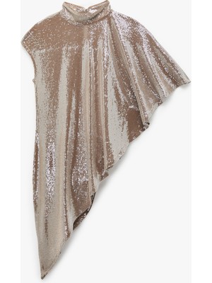 Koton Asimetrik Kesim Dik Yaka Kolsuz Pullu Payetli Pelerin Üst