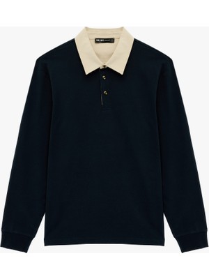 Koton Regular Fit Uzun Kollu Pamuklu Renk Kontrastlı Düğmeli Polo Yaka Sweatshirt