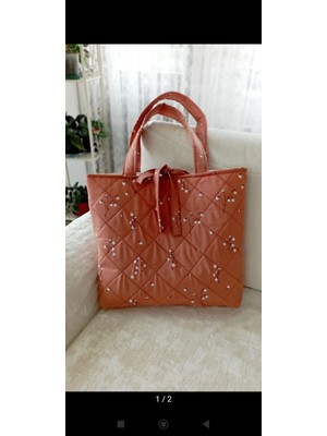 Kapitone Kumaş , Tarçın Rengi, Çiçek Desenli Günlük El Çantası