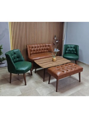 Azra Mobilya Milano Çay Seti Koltuk Takımı - Ofis Takımı - Deri Kumaş - 2+1+1+Bench+Sehpa | Taba Yeşil