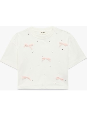 Koton Kısa Kollu Bisiklet Yaka Fiyonk ve Taş Detaylı Tişört