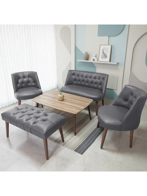 Azra Mobilya Milano Çay Seti Koltuk Takımı - Ofis Takımı - Deri Kumaş - 2+1+1+Bench+Sehpa | Gri