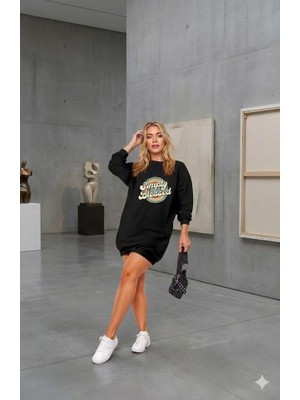 Mareandpanda Kadın Uzun Kollu Bisiklet Yaka Yazılı Viskon Iki Iplik Elbise