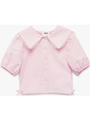 Koton Dantel Detaylı Pamuklu Balon Kollu Fiyonklu Geniş Yaka Gömlek