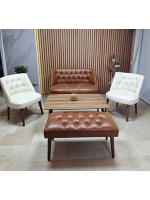 Azra Mobilya Milano Çay Seti Koltuk Takımı - Ofis Takımı - Deri Kumaş - 2+1+1+Bench+Sehpa | Taba Krem