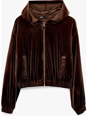 Koton Uzun Kollu Cepli Fermuarlı Kadife Kapüşonlu Ceket