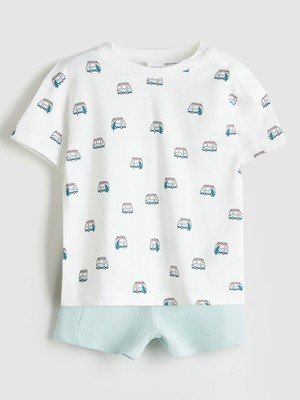 Lc Waikiki Yeni Sezon Bisiklet Yaka Baskılı Erkek Bebek Tişört ve Şort 2'li