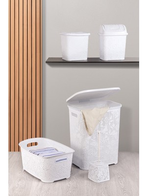 Dantel Desen 5 Parça Banyo Seti Kirli Sepeti Çamaşır Selesi Deterjanlık Wc Fırça Çeyiz Seti