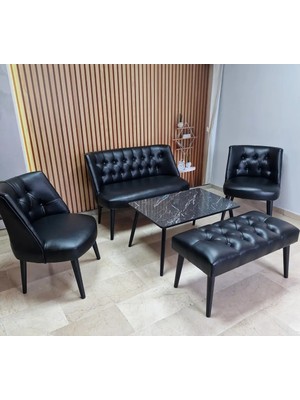 Azra Mobilya Milano Çay Seti Koltuk Takımı - Ofis Takımı - Deri Kumaş - 2+1+1+Bench+Sehpa | Siyah