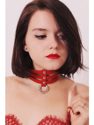 MOTTO10 Butik Üçlü Ince Şerit Halka Detaylı Deri Choker - APFT676