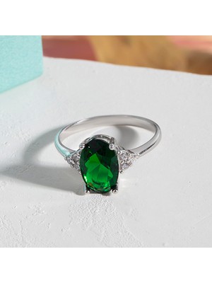 By More 925 Ayar Zümrüt Rengi Oval Taşlı Gümüş Yüzük - 19