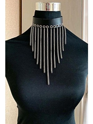 MOTTO10 Butik Zincirli Deri Choker, Şık Deri Tasma - APFT629