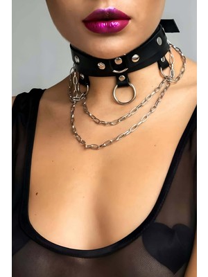 MOTTO10 Butik Zincir ve Halka Detaylı Şık Deri Choker Tasma Boyunluk Aksesuarı APFT654