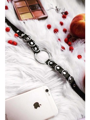 MOTTO10 Butik Halka Detaylı Ayarlanabilir Şık Deri Choker Boyun Aksesuar - APFT666