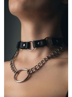 MOTTO10 Butik Zincir ve Halka Detaylı Şık Deri Choker - APFT665