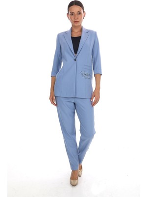 White Diamond Cep Baskılı Ceket Takım 42 - Buz Mavi